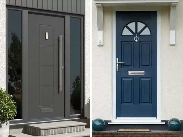 A composite door and UPVC door side-by-side